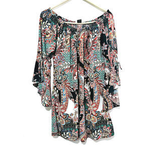 Win Win Tunic Top Tie Bell Sleeves Paisley Stretch Boho Women's Size L/XL